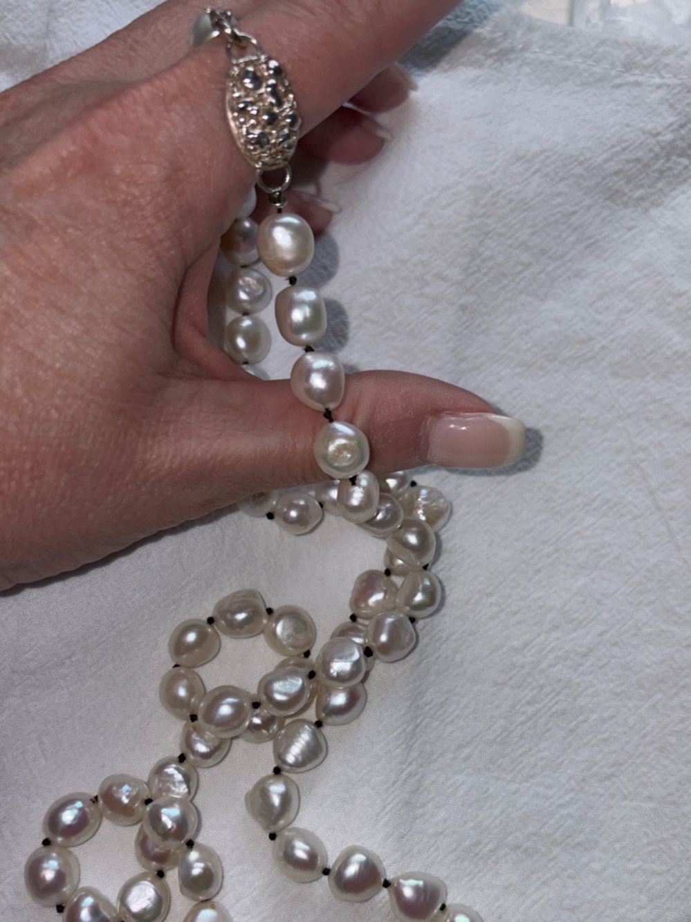 Estate Baroque Pearls 28” Opera Length 925 Clasp Hand-Knotted Black Silk